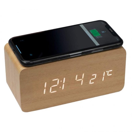 Зарядное устройство Wireless Time Hub с часами, термометром, календарем, светло-коричневое