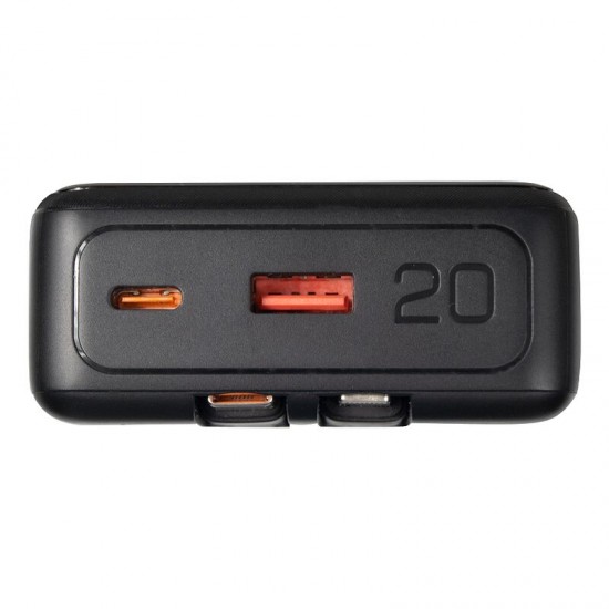 Внешний аккумулятор (powerbank) «Stream 20», 20 000 mAH, с двумя зарядными шнурами,  22,5W (Ватт)  super fast charge, Power Delivery (PD) 25.5W (dfnn), c цифровым дисплеем для контроля заряда, черный