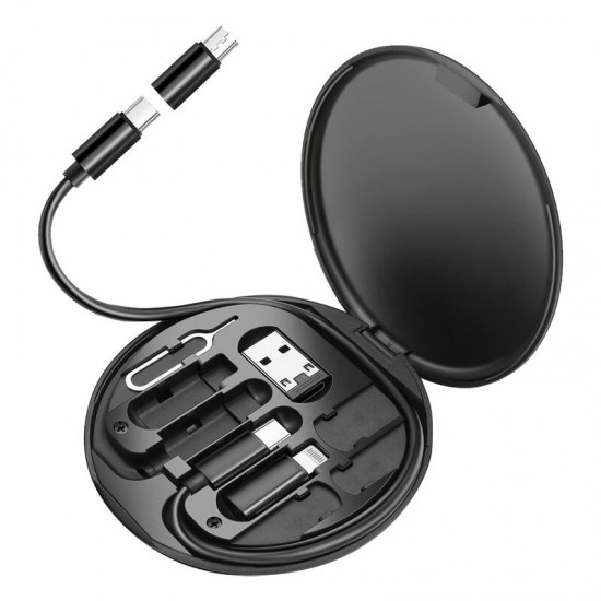 Кабель зарядный выдвижной USB Light Sound  60W 3-в-1 на Lightning, Micro-USB, Type-C «U50» 2,4 A, Quick Charge в пластиковом футляре, черный
