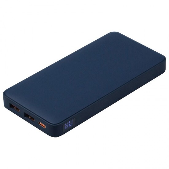 Внешний аккумулятор (powerbank)  «WeCharge Soft Touch»,  10 000 mAH, Power Delivery (PD) 25.5W, со светящимся логотипом после гравировки, c цифровым дисплеем для контроля заряда, темно-синий