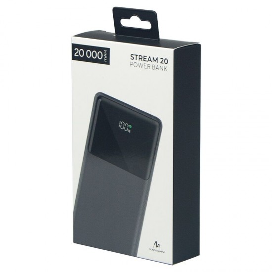 Внешний аккумулятор (powerbank) «Stream 20», 20 000 mAH, с двумя зарядными шнурами,  22,5W (Ватт)  super fast charge, Power Delivery (PD) 25.5W (dfnn), c цифровым дисплеем для контроля заряда, черный