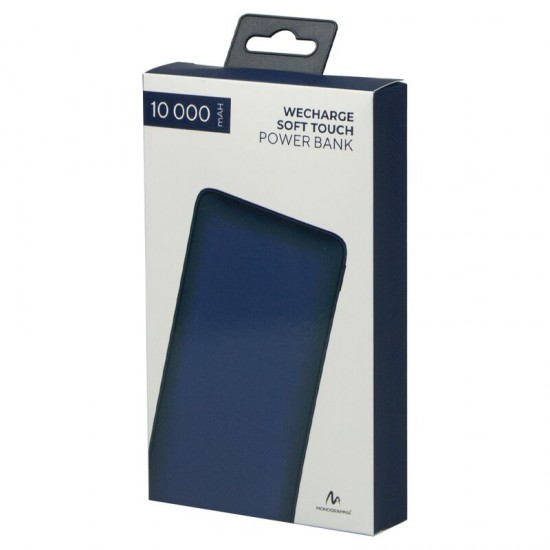Внешний аккумулятор (powerbank)  «WeCharge Soft Touch»,  10 000 mAH, Power Delivery (PD) 25.5W, со светящимся логотипом после гравировки, c цифровым дисплеем для контроля заряда, темно-синий