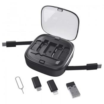 Кабель зарядный выдвижной USB Solid Link 5-в-1 на Lightning, Micro-USB, Type-C «U50» 2,4 A, C to C, Quick Charge с подставкой для телефона, квадратный, черный