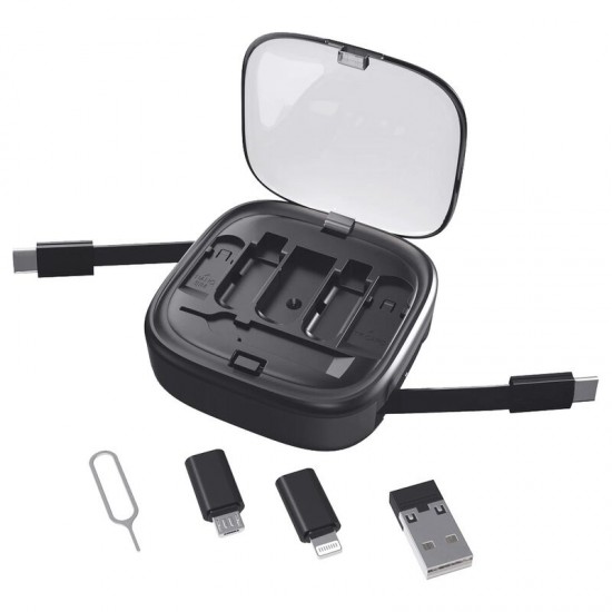 Кабель зарядный выдвижной USB Solid Link 5-в-1 на Lightning, Micro-USB, Type-C «U50» 2,4 A, C to C, Quick Charge с подставкой для телефона, квадратный, черный