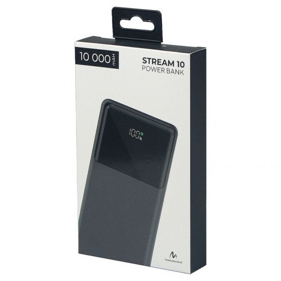 Внешний аккумулятор (powerbank)  «Stream 10»,  10 000 mAH, с двумя зарядными шнурами,  22,5W (Ватт)  super fast charge, Power Delivery (PD) 25.5W (dfnn),  c цифровым дисплеем для контроля заряда, черный
