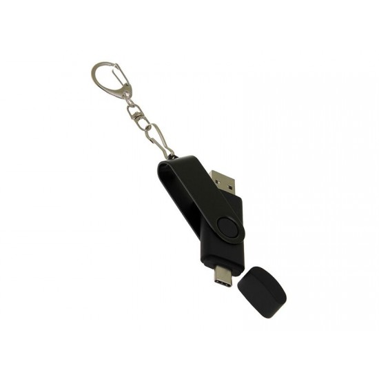USB-флешка на 32 Гб 2 в 1 поворотный механизм, c дополнительным разъемом Type-C с одноцветным металлическим клипом, черный