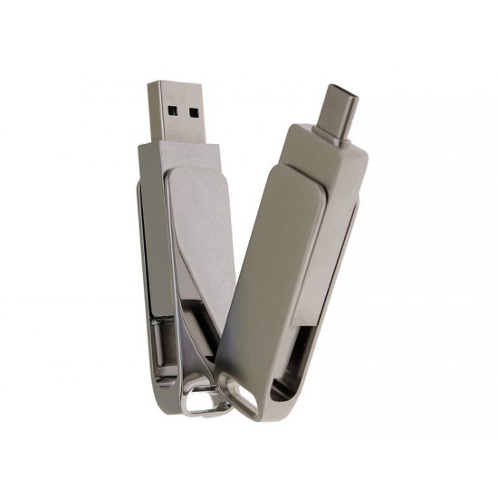 USB-флешка на 32 Гб поворотный механизм 2 в 1, c дополнительным разъемом Type-C с одноцветным металлическим клипом, серый
