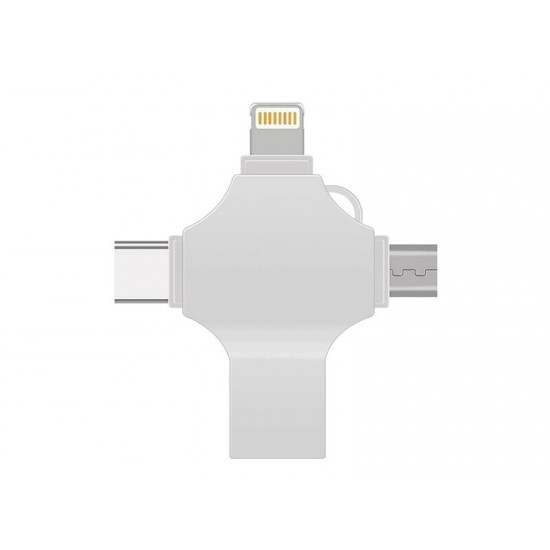 USB-флешка на 64 Гб 4 в 1 поворотный механизм, c дополнительными разъемами MicroUSB, TypeC и Lightning, серебристый