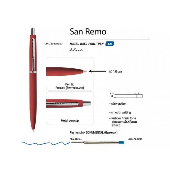 Ручка SAN REMO шариковая, автоматическая, красный  металлический корпус 1.00 мм, синяя