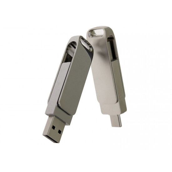 USB-флешка на 32 Гб поворотный механизм 2 в 1, c дополнительным разъемом Type-C с одноцветным металлическим клипом, серый