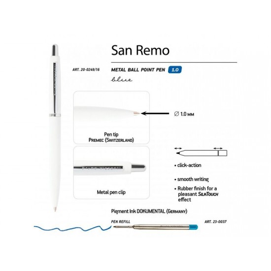 Ручка SAN REMO шариковая, автоматическая, белый металлический корпус 1.00 мм, синяя