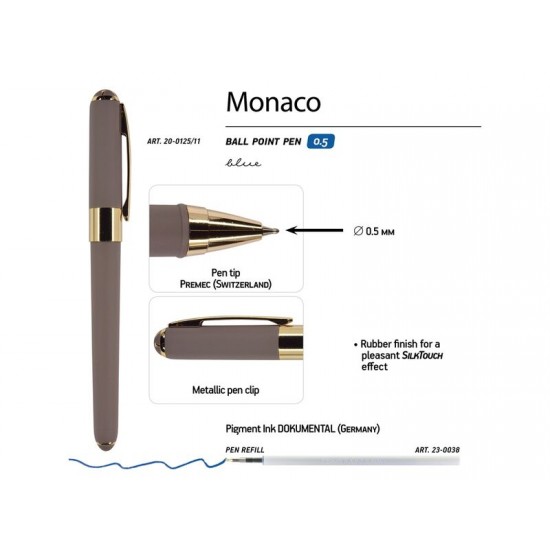 Ручка пластиковая шариковая Monaco, 0,5мм, синие чернила, серый