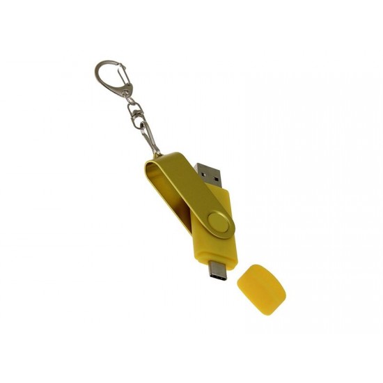 USB-флешка на 64 Гб 2 в 1 поворотный механизм, c дополнительным разъемом Type-C с одноцветным металлическим клипом, желтый
