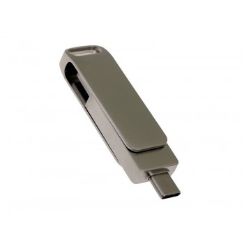 USB-флешка на 16 Гб поворотный механизм 2 в 1, c дополнительным разъемом Type-C с одноцветным металлическим клипом, серый