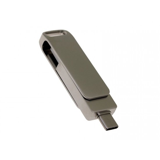 USB-флешка на 32 Гб поворотный механизм 2 в 1, c дополнительным разъемом Type-C с одноцветным металлическим клипом, серый