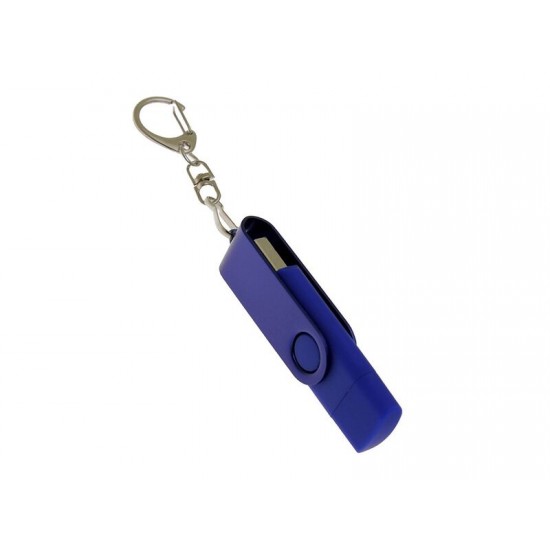 USB-флешка на 16 Гб 2 в 1 поворотный механизм, c дополнительным разъемом Type-C с одноцветным металлическим клипом, синий