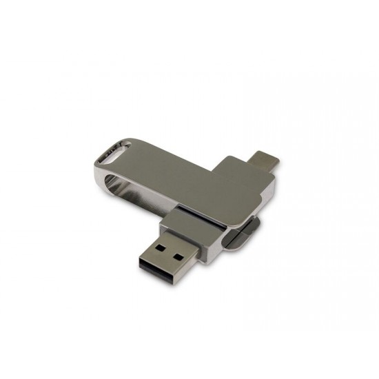 USB-флешка на 32 Гб поворотный механизм 2 в 1, c дополнительным разъемом Type-C с одноцветным металлическим клипом, серебристый