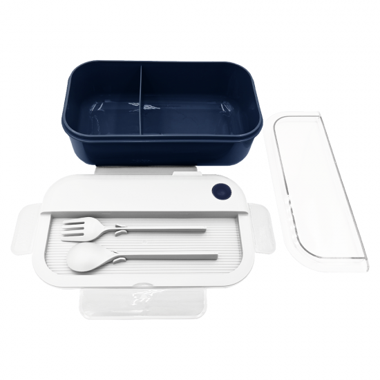 Герметичный контейнер для еды (ланч бокс)  BON VOYAGE, пластиковый, бело-темно-синий, 1100 мл. Герметичный контейнер для еды (ланч бокс)  BON VOYAGE, пластиковый, бело-темно-синий, 1100 мл.