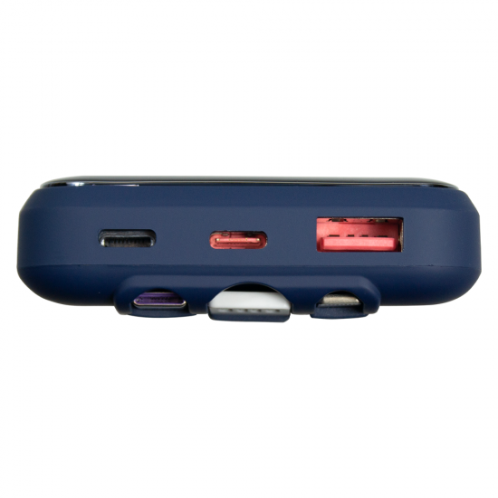Внешний аккумулятор (powerbank) «Lumen», софт тач, 10 000 mAH, с тремя зарядными шнурами, 22,5W super fast charge, Power Delivery (PD) 20W (dfnn), QC3.0, темно-синий