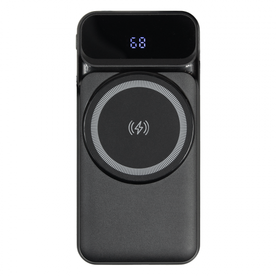 Внешний аккумулятор (powerbank) «Nova», 10 000 mAH, с тремя зарядными шнурами, c беспроводным магнитным контактом magsafe до 15W, 22,5W (Ватт) super fast charge, Power Delivery (PD) 20W (dfnn), QC3.0, черный