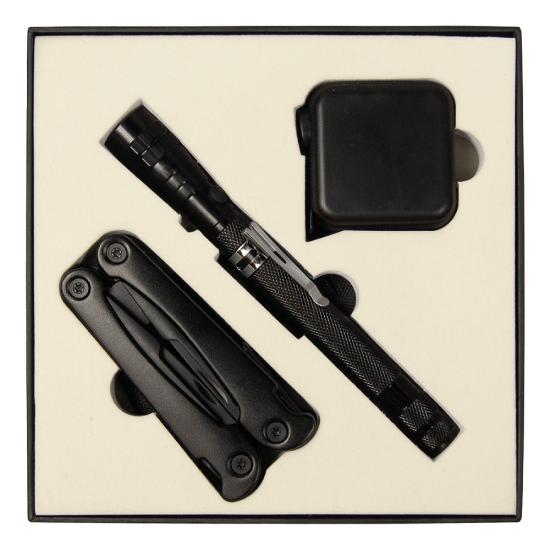 Набор подарочный Solution Superior Trio (Фонарь телескопический Tools Flashlight, рулетка Tools Master, 3 метра, Мультитул Tools Hardwork) черный