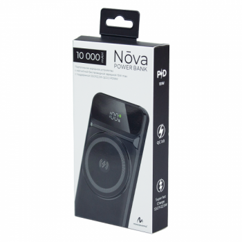 Внешний аккумулятор (powerbank) «Nova», 10 000 mAH, с тремя зарядными шнурами, c беспроводным магнитным контактом magsafe до 15W, 22,5W (Ватт) super fast charge, Power Delivery (PD) 20W (dfnn), QC3.0, черный