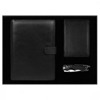Набор подарочный Solution Prestige Quadro (Блокнот Flexy Forest Urban Latte в суперобложке Country Leather Sky, обложка для автодокументов Leather Sun, нож складной Tools Impression)